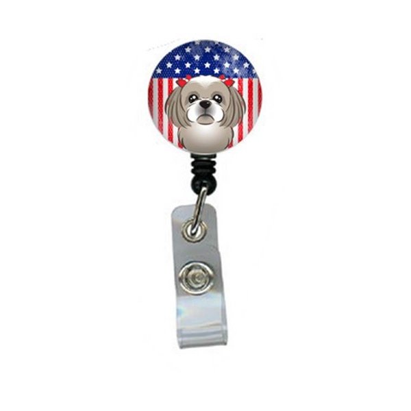 Teachers Aid American Flag & Gray Silver Shih Tzu Retractable Badge Reel TE254024